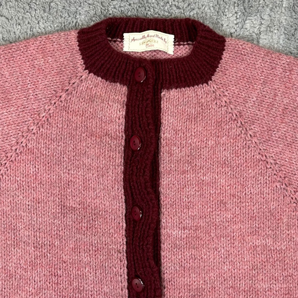 Handmade Pink Burgundy Knit Short Sleeve Button Front Cardigan Sweater Woman